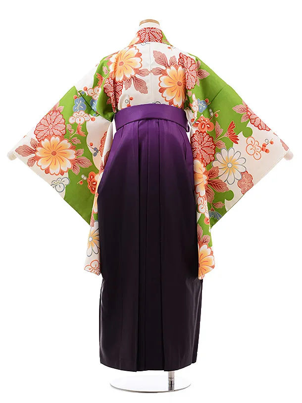 小学生卒業袴(女児)J006 ｸﾞﾘｰﾝ 雲取 花×ﾊﾟｰﾌﾟﾙぼかし袴
