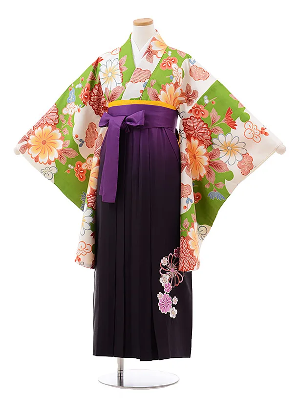 小学生卒業袴(女児)J006 ｸﾞﾘｰﾝ 雲取 花×ﾊﾟｰﾌﾟﾙぼかし袴