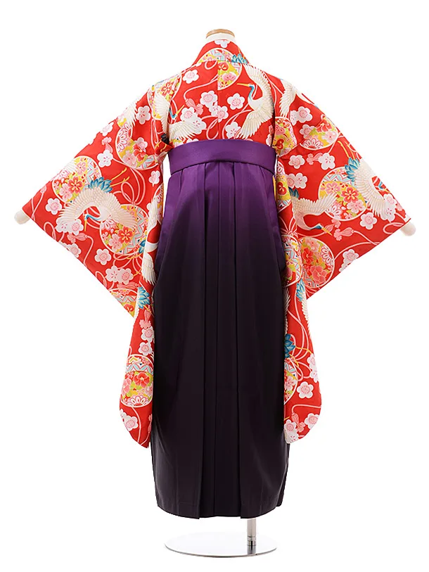 小学生卒業袴(女児)J008 赤地 まり 鶴×ﾊﾟｰﾌﾟﾙぼかし袴