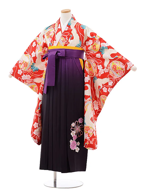 小学生卒業袴(女児)J008 赤地 まり 鶴×ﾊﾟｰﾌﾟﾙぼかし袴