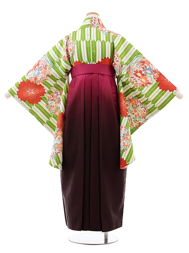 小学生卒業袴(女児)J009 ｸﾞﾘｰﾝ 矢柄 花×ﾛｰｽﾞぼかし袴