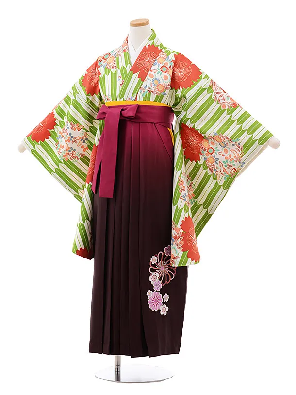 小学生卒業袴(女児)J009 ｸﾞﾘｰﾝ 矢柄 花×ﾛｰｽﾞぼかし袴