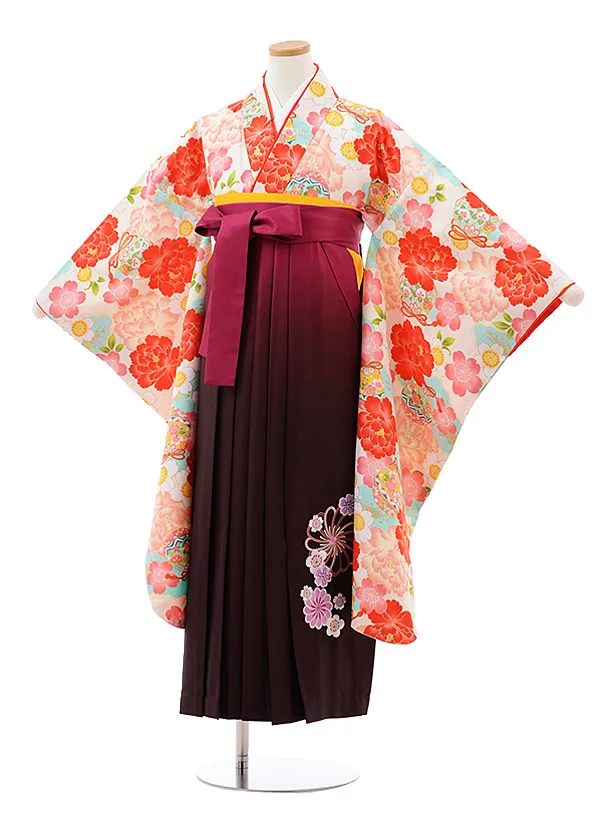 小学生卒業袴(女児)J010 ｸﾘｰﾑ地 ぼたん 桜×ﾛｰｽﾞぼかし袴