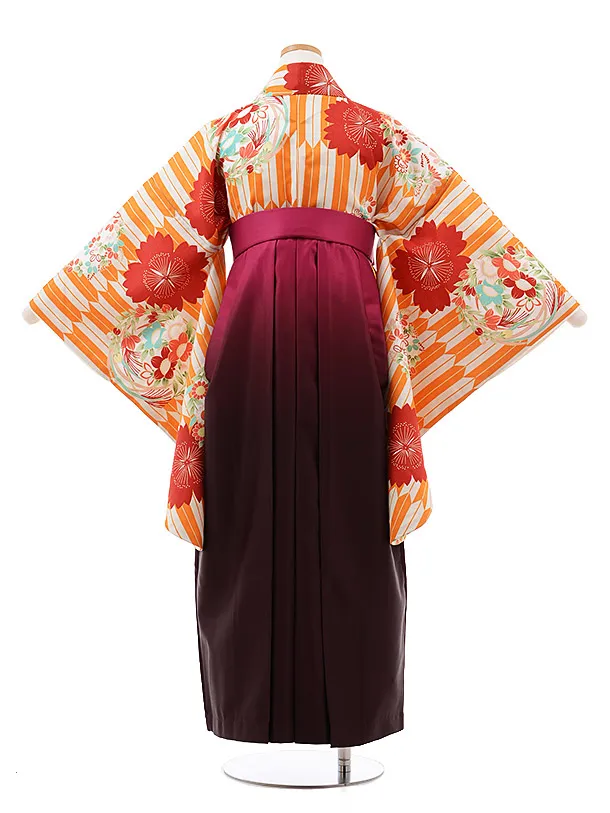 小学生卒業袴(女児)J011 ｵﾚﾝｼﾞ 矢柄 花×ﾛｰｽﾞぼかし袴