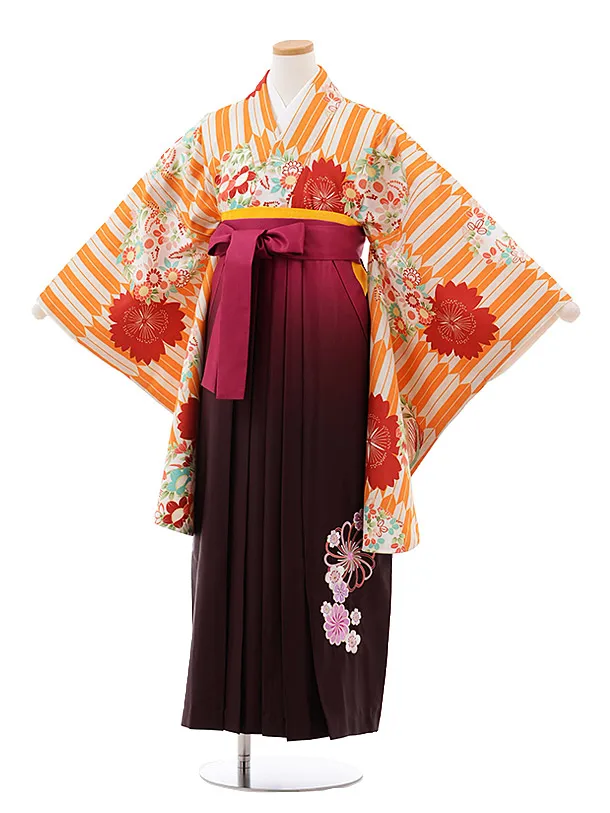 小学生卒業袴(女児)J011 ｵﾚﾝｼﾞ 矢柄 花×ﾛｰｽﾞぼかし袴