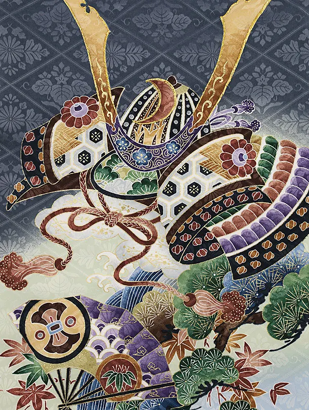 男児産着 お宮参りレンタル0025  グレー地 兜に吉祥紋様