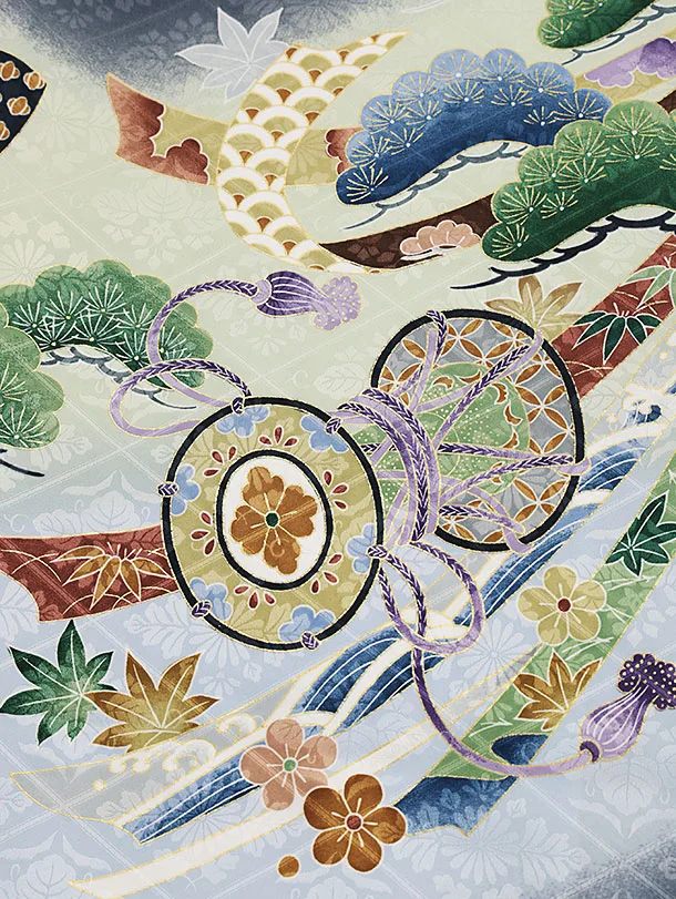 男児産着 お宮参りレンタル0025  グレー地 兜に吉祥紋様