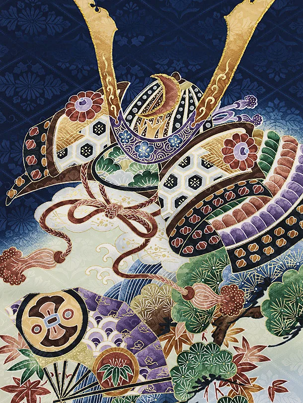 男児産着 お宮参りレンタル0027  青地 兜に吉祥紋様