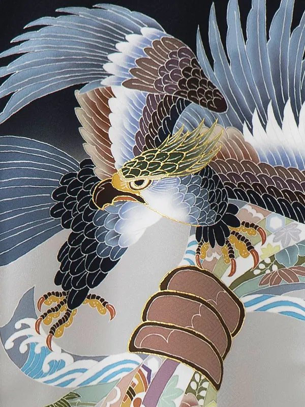 男児産着 お宮参りレンタル0107 黒地 鷹に熨斗