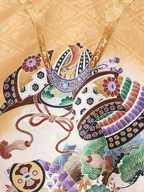 男児産着 お宮参りレンタル0109  からし地 兜に扇（袷）