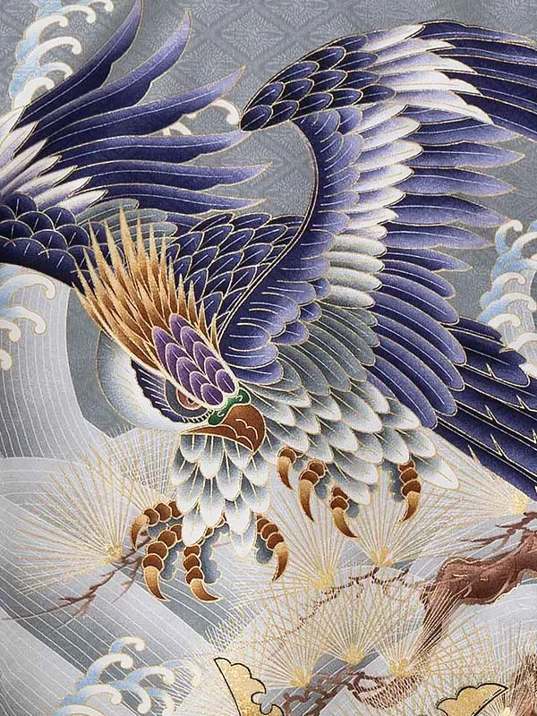 男児産着 お宮参りレンタル0117  グレー地　鷹と兜に扇