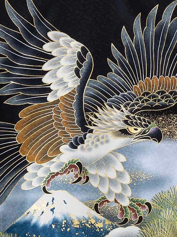 男児産着 お宮参りレンタル0120  黒地　鷹に富士山と兜