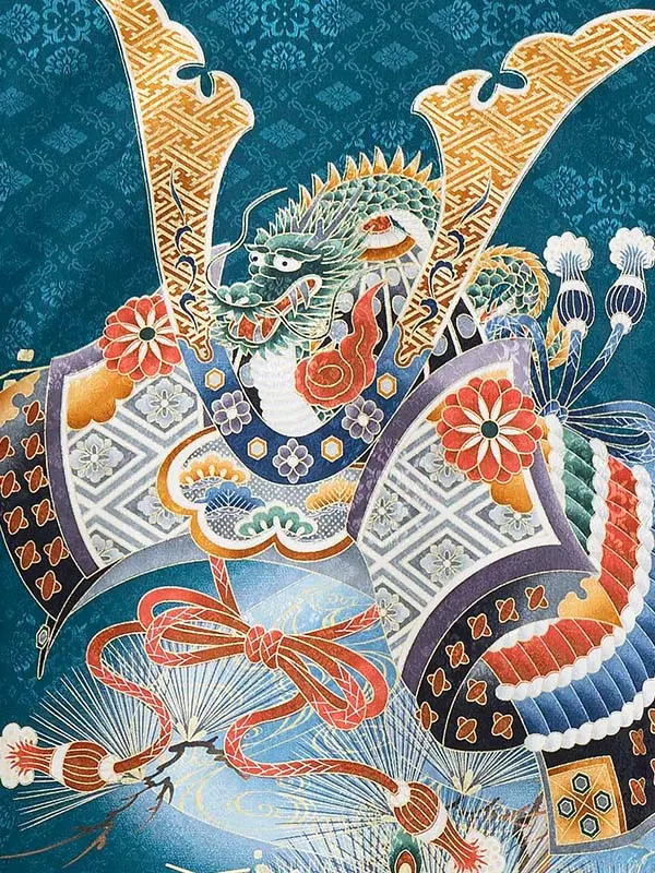 男児産着 お宮参りレンタル0126  緑地 兜と宝船