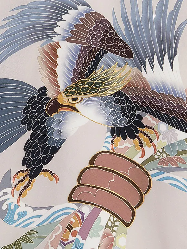 男児産着 お宮参りレンタル0132　薄橙ベージュ　鷹に熨斗