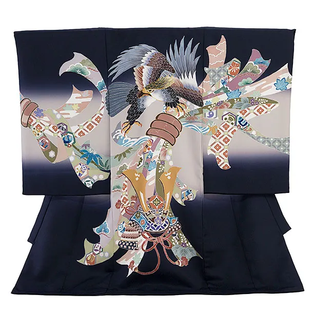 男児産着 お宮参りレンタル0133　黒　鷹に熨斗