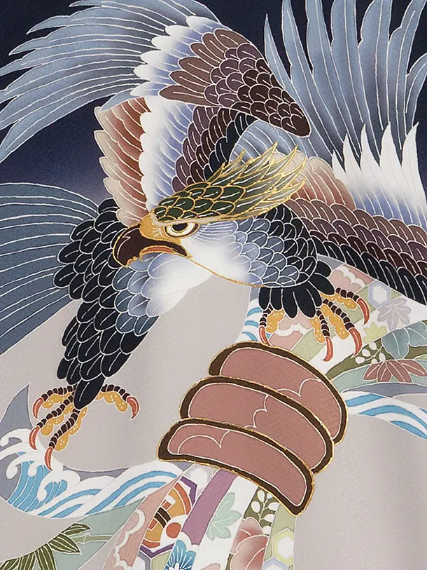 男児産着 お宮参りレンタル0133　黒　鷹に熨斗