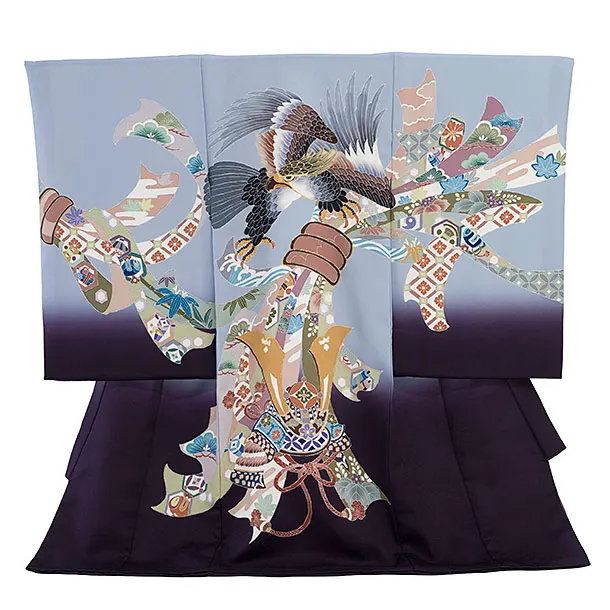 男児産着 お宮参りレンタル0134　薄ブルーグレー　鷹に熨斗