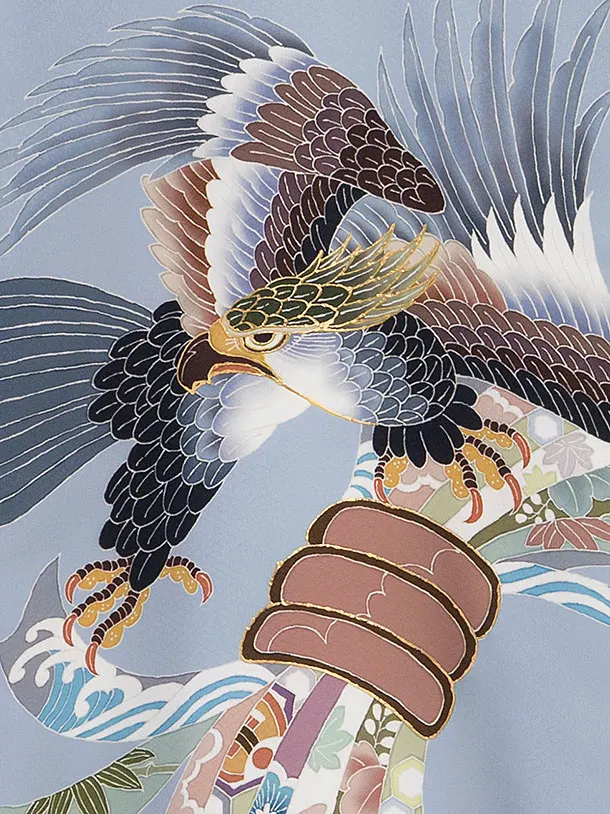 男児産着 お宮参りレンタル0134　薄ブルーグレー　鷹に熨斗