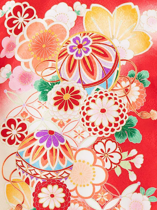 女児産着 お宮参りレンタル0111 赤地　毬