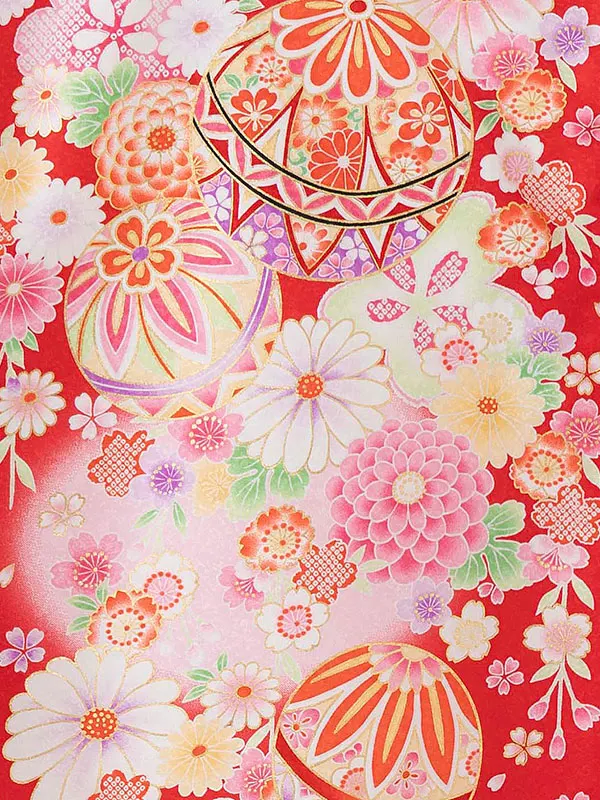 女児産着 お宮参りレンタル0112 赤地　毬