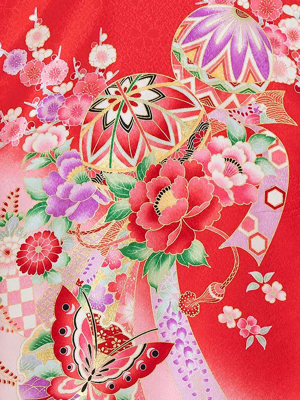 女児産着 お宮参りレンタル0115 赤地　熨斗に毬と蝶