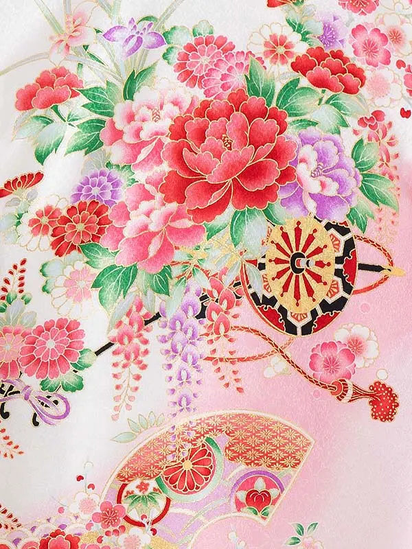 女児産着 お宮参りレンタル0117 白地　花車と蝶と毬