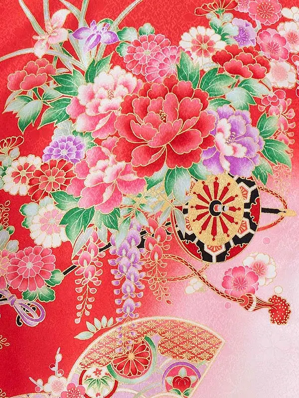 女児産着 お宮参りレンタル0119 赤地　花車と蝶と毬