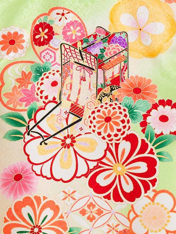 女児産着 お宮参りレンタル0124 緑地　御所車と華毬