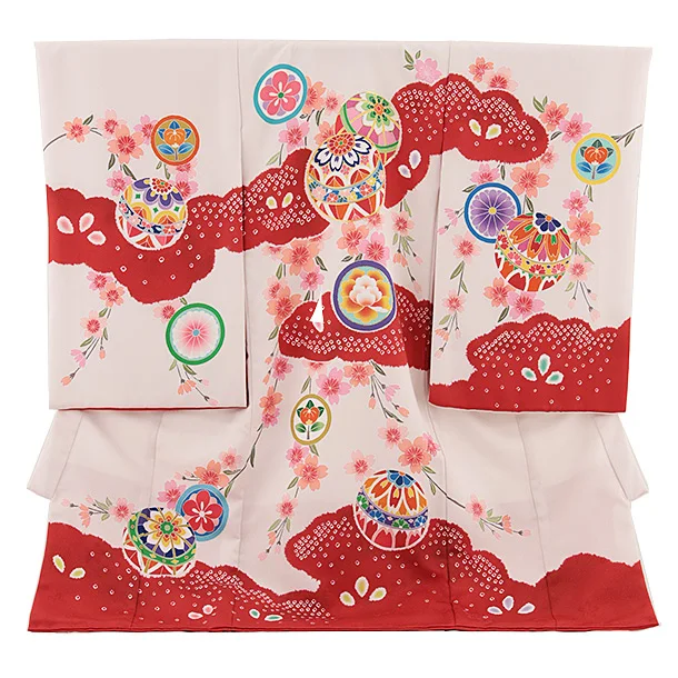 女児産着 お宮参りレンタル0131 薄ピンクに赤　鞠に桜