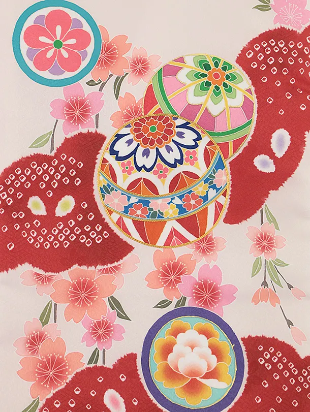 女児産着 お宮参りレンタル0131 薄ピンクに赤　鞠に桜