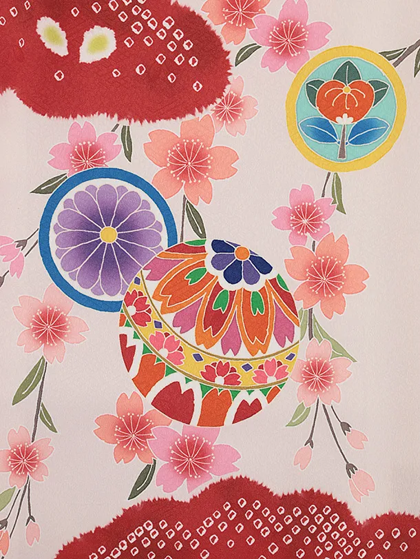 女児産着 お宮参りレンタル0131 薄ピンクに赤　鞠に桜