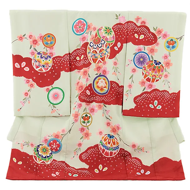 女児産着 お宮参りレンタル0133 薄ミントに赤　鞠に桜