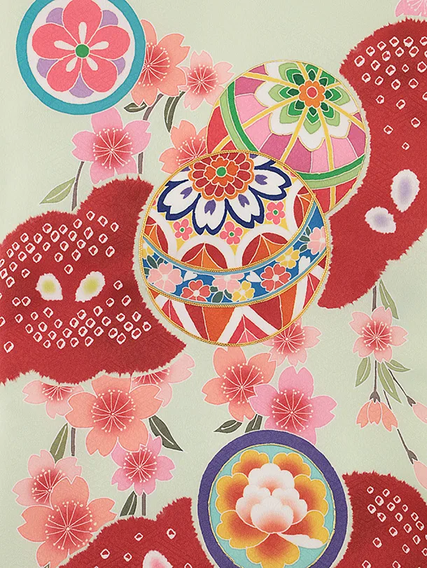 女児産着 お宮参りレンタル0133 薄ミントに赤　鞠に桜