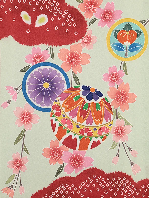 女児産着 お宮参りレンタル0133 薄ミントに赤　鞠に桜