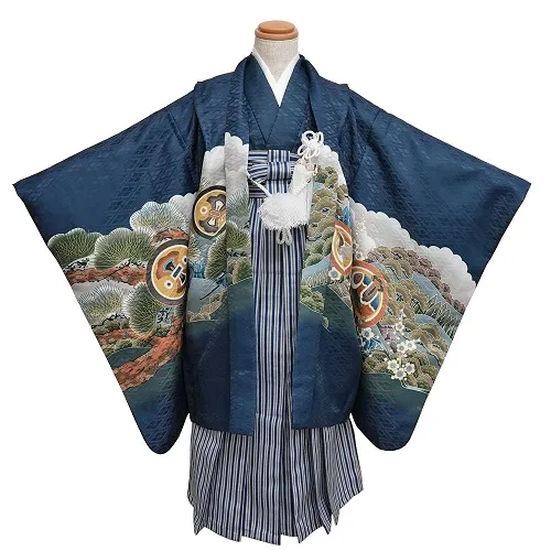 簡単男児七五三(7歳男児袴)/青地に富士山　鷹