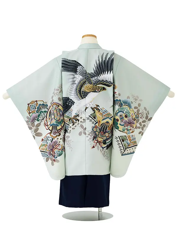 簡単男児七五三(5歳男児袴)/ミント地に鷹　吉祥紋様　白×紺袴