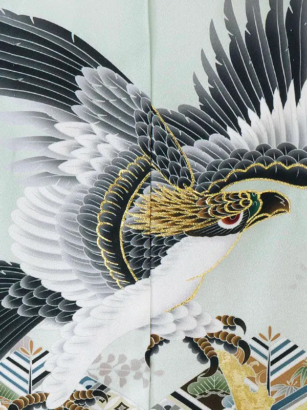 簡単男児七五三(5歳男児袴)/ミント地に鷹　吉祥紋様　白×紺袴