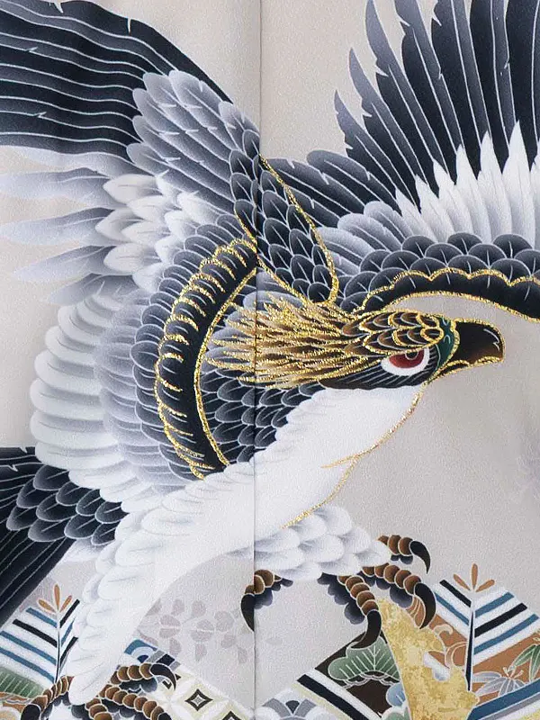 簡単男児七五三(5歳男児袴)/薄グレー地に鷹　吉祥紋様　白×黒袴