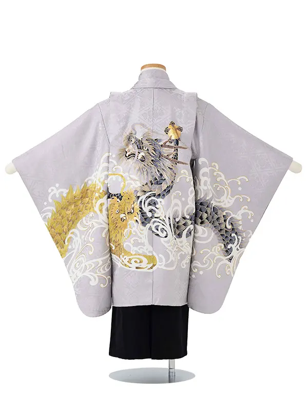 簡単男児七五三(5歳男児袴)/シルバー地に龍　シルバー×黒袴