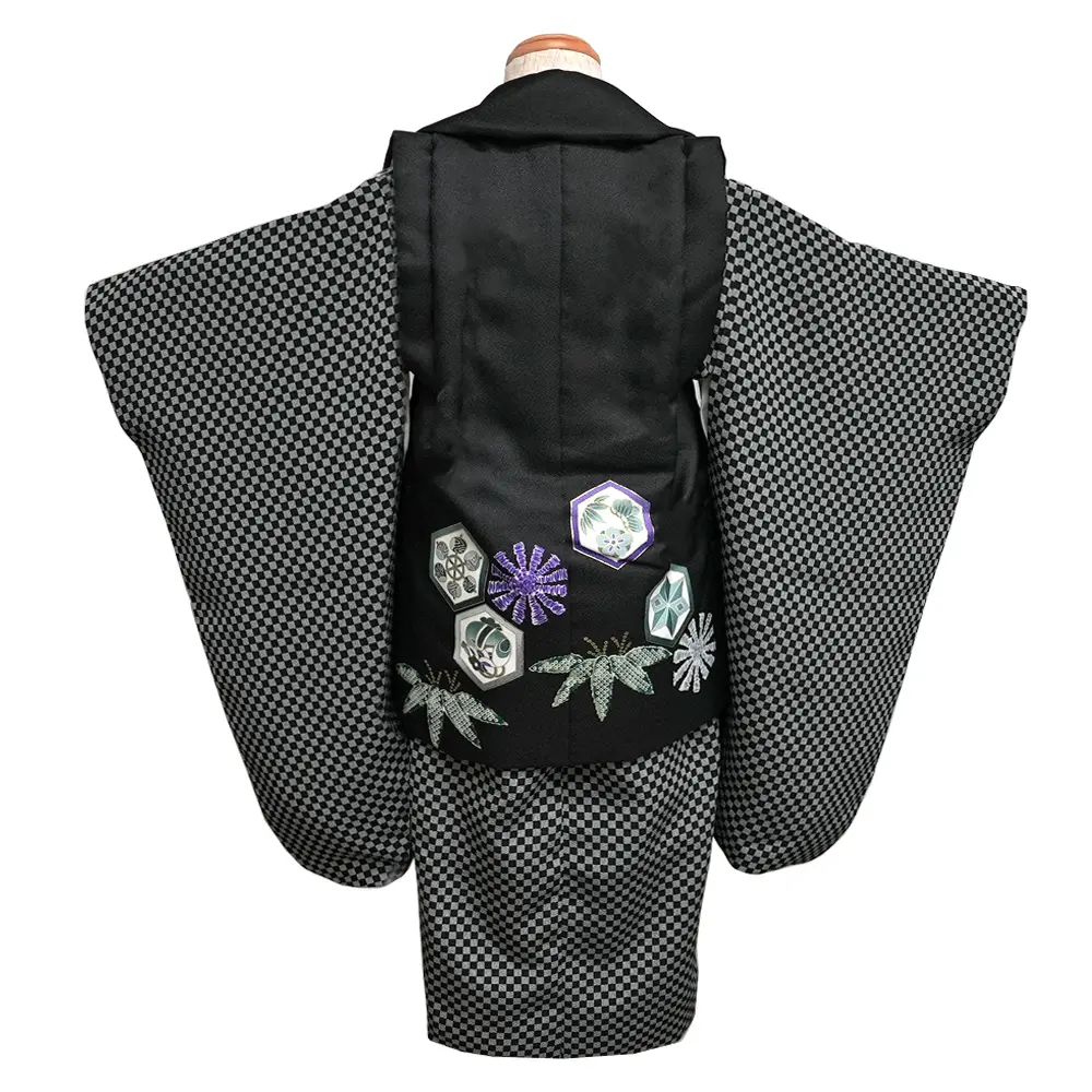 七五三レンタル(3歳男児被布)黒地鷹×市松黒