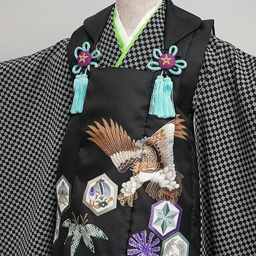 七五三レンタル(3歳男児被布)黒地鷹×市松黒