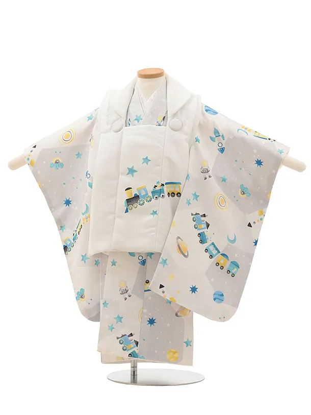 七五三レンタル(3歳男児被布)【pitapaita】機関車　惑星　薄グレー