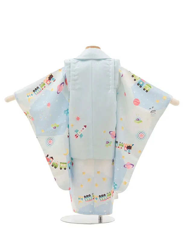 七五三レンタル(3歳男児被布)【pitapaita】機関車　惑星　水色