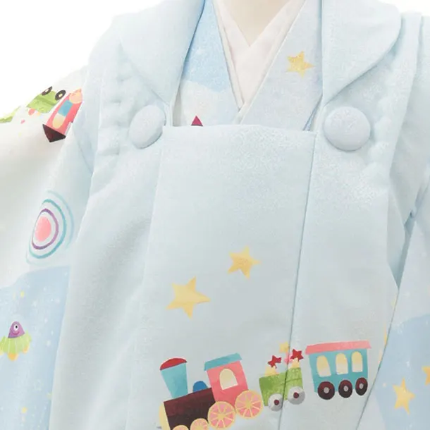 七五三レンタル(3歳男児被布)【pitapaita】機関車　惑星　水色