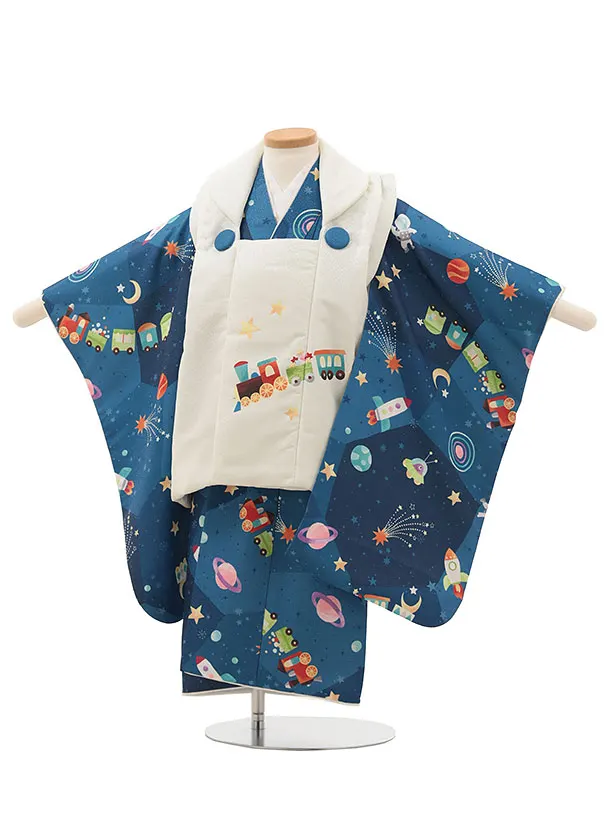 七五三レンタル(3歳男児被布)【pitapaita】機関車　惑星　紺