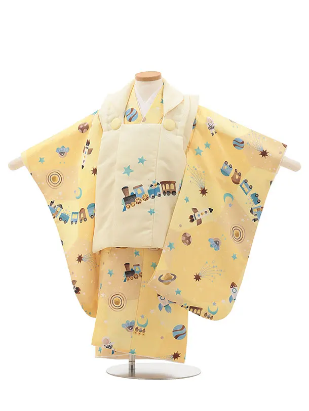 七五三レンタル(3歳男児被布)【pitapaita】機関車　惑星　薄黄色