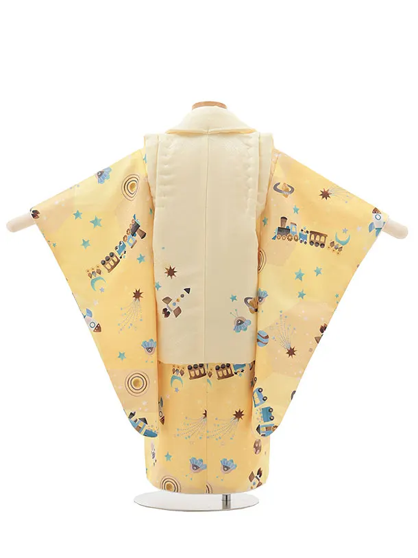七五三レンタル(3歳男児被布)【pitapaita】機関車　惑星　薄黄色
