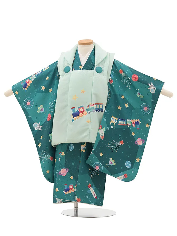 七五三レンタル(3歳男児被布)【pitapaita】機関車　惑星　紺緑