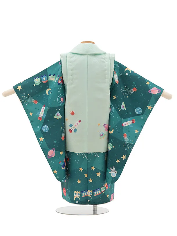 七五三レンタル(3歳男児被布)【pitapaita】機関車　惑星　紺緑