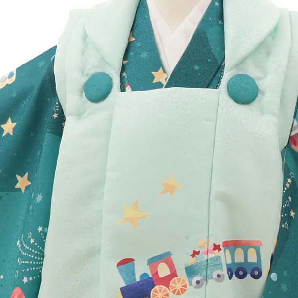 七五三レンタル(3歳男児被布)【pitapaita】機関車　惑星　紺緑